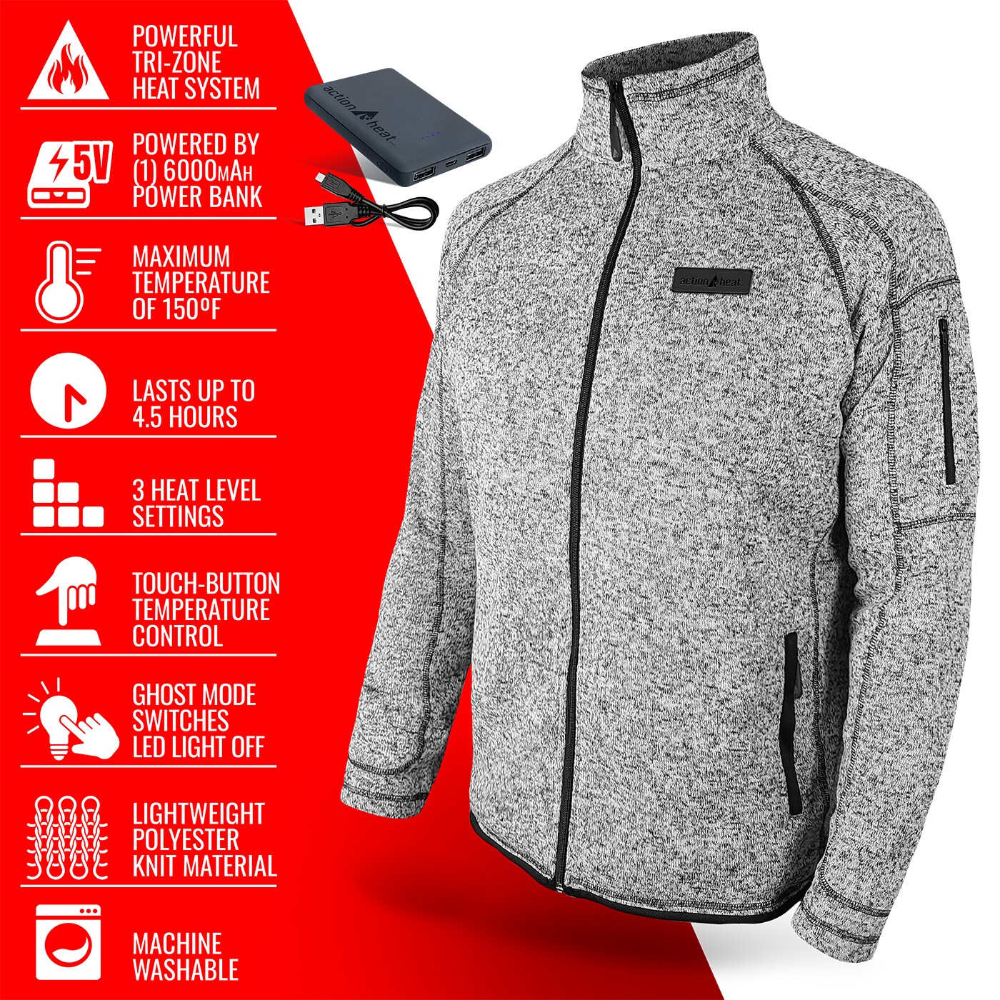 Chamarra térmica con capucha para hombre en gris claro de peso medio (talla extra grande) con calefacción incluida.