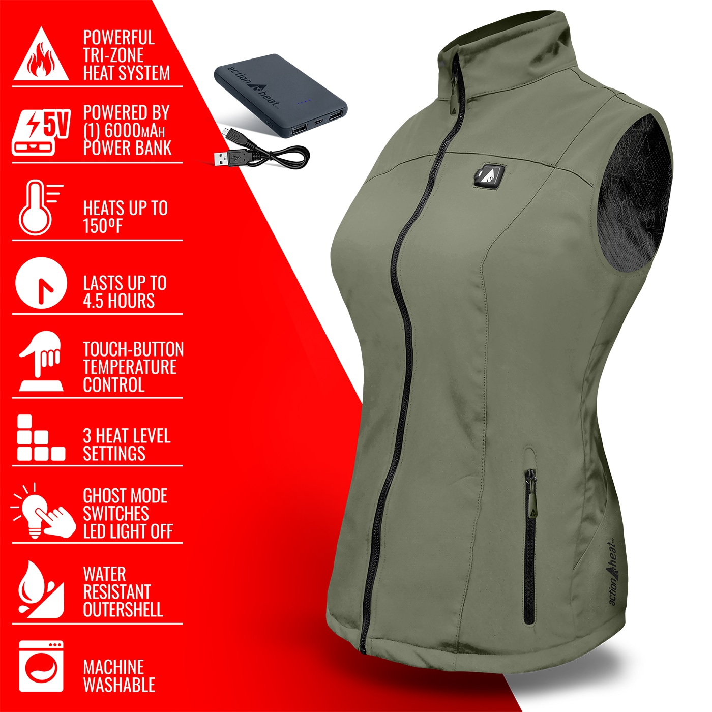 Chaleco térmico de poliéster verde para mujer talla grande ActionHeat AH-VST-5V-W-GN-L
