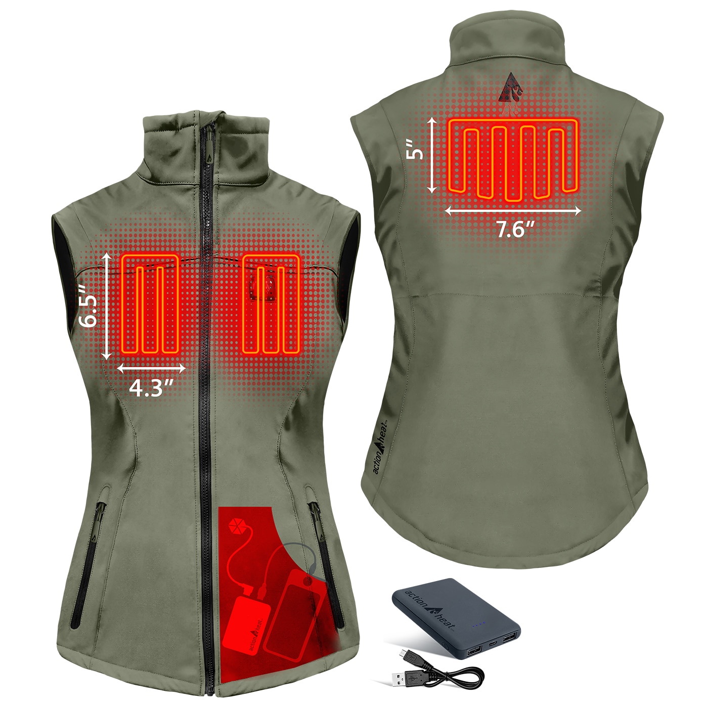 Chaleco térmico de poliéster verde para mujer talla grande ActionHeat AH-VST-5V-W-GN-L