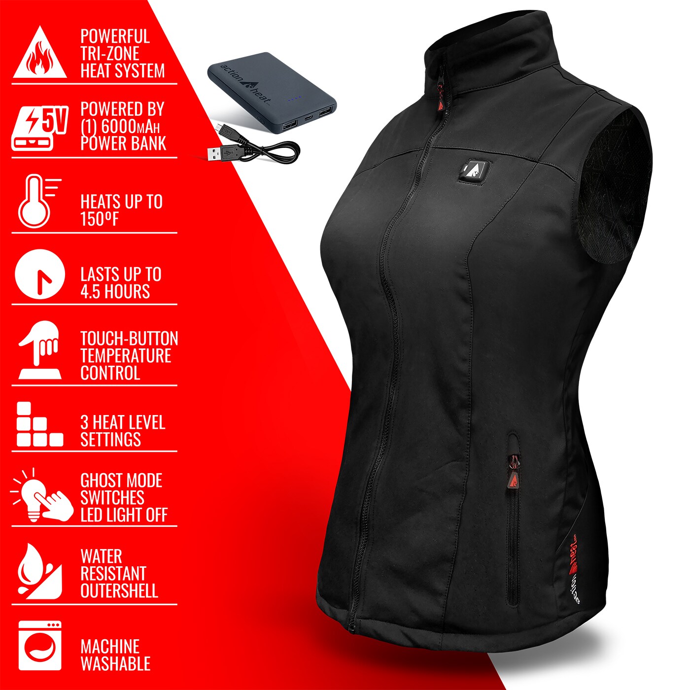 Chaleco térmico de poliéster negro para mujer de talla grande