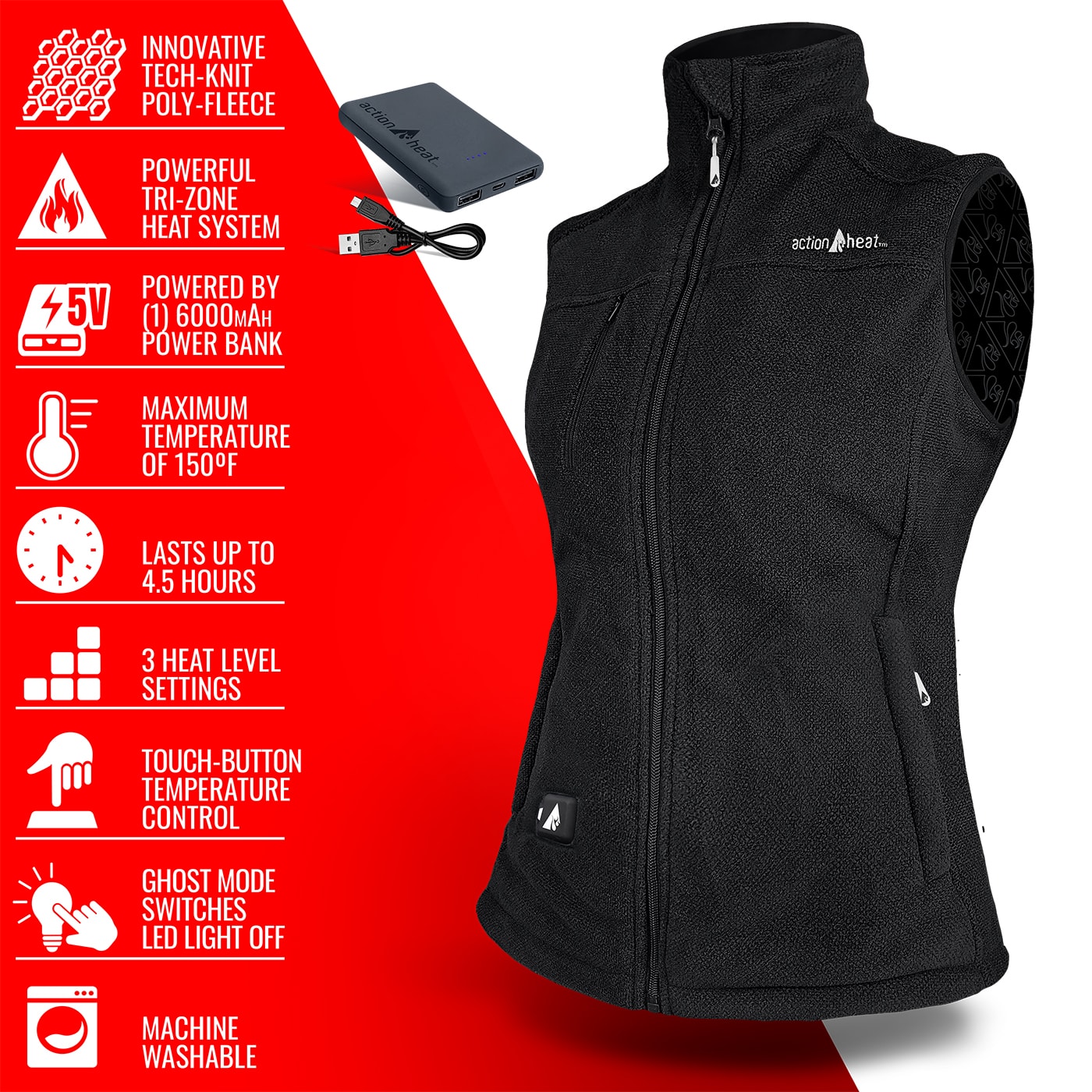 Chaleco térmico de poliéster negro para mujer de ActionHeat talla mediana