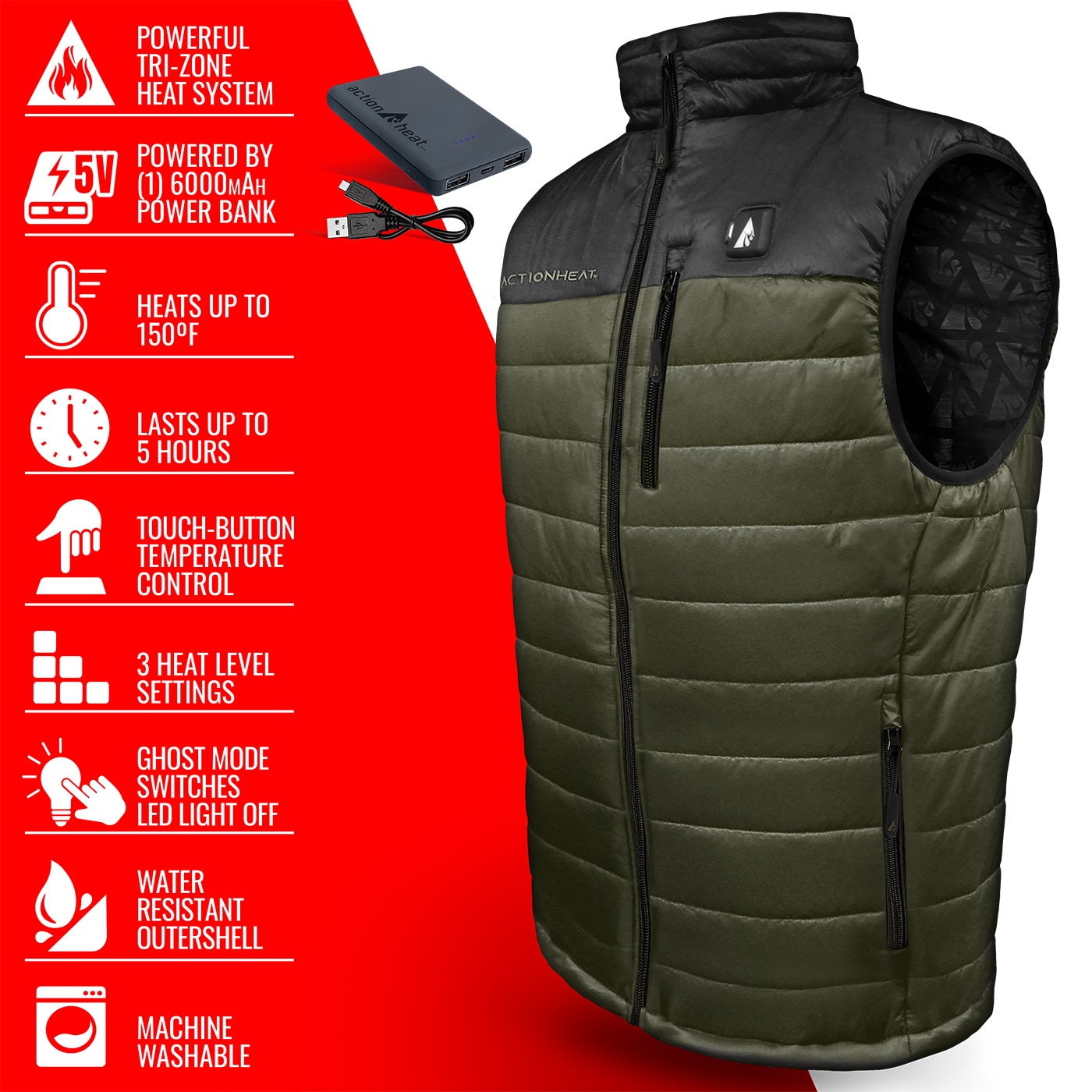 Chaleco térmico negro de poliéster para hombres de talla 2X grande de ActionHeat