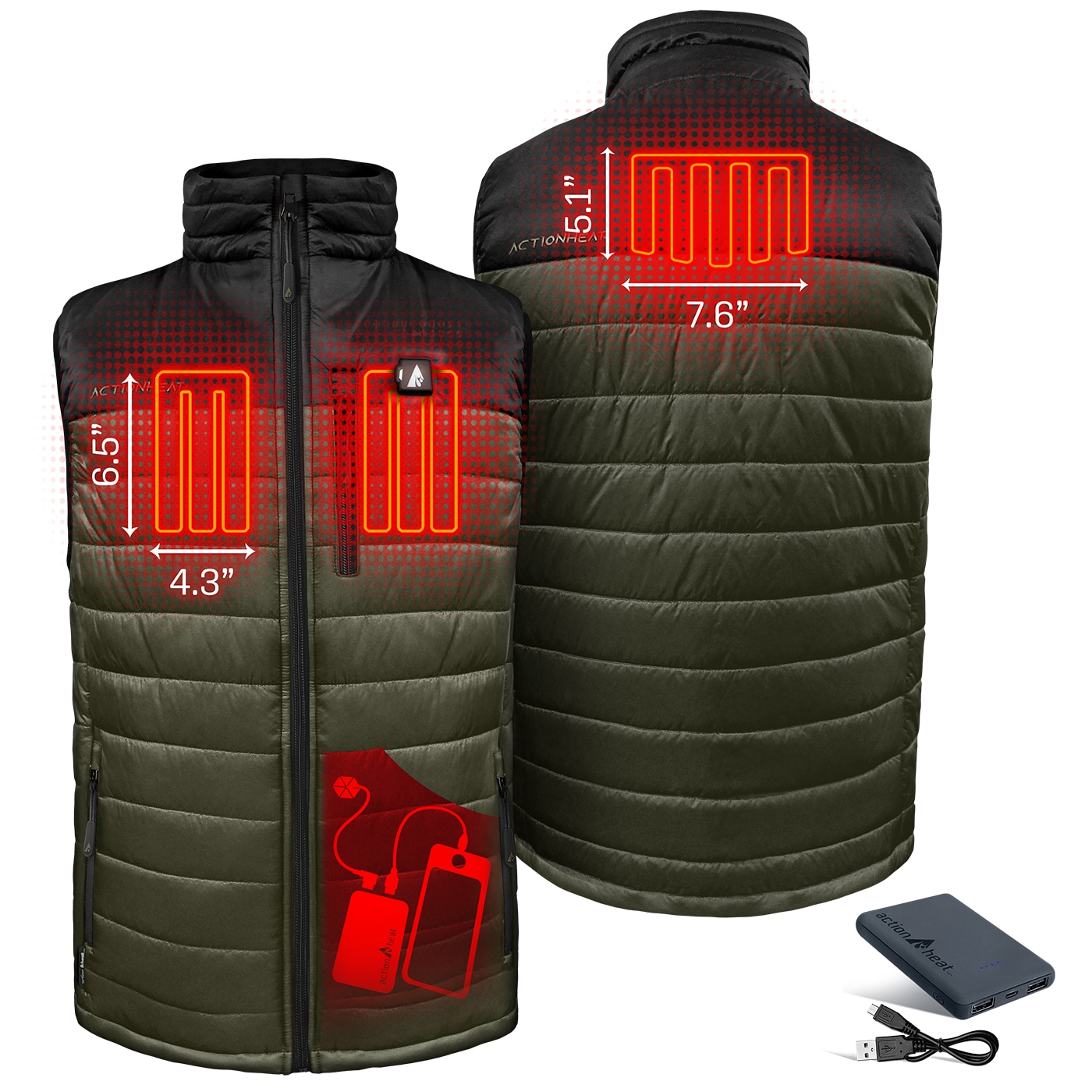 Chaleco térmico negro de poliéster para hombres de talla 2X grande de ActionHeat