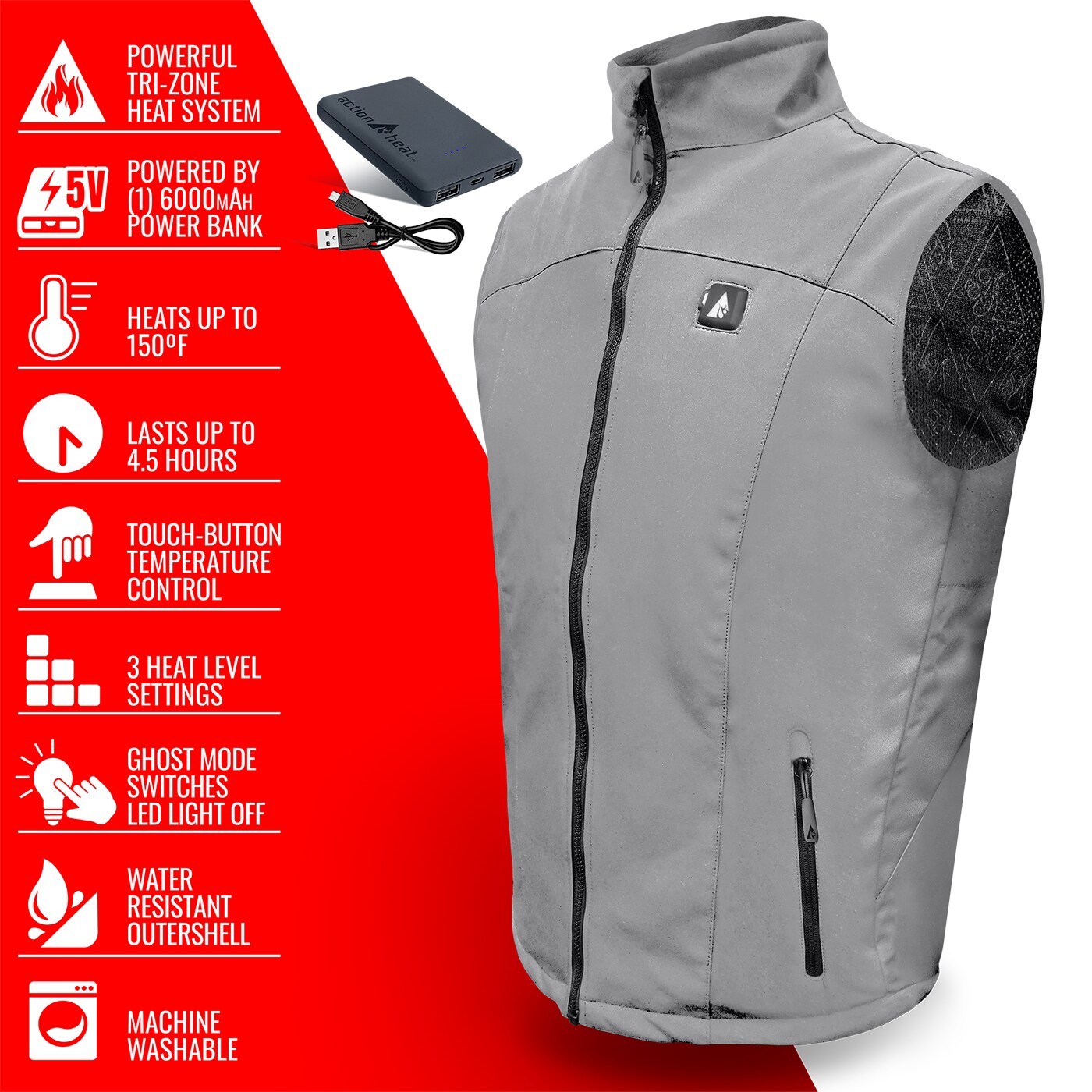 Chaleco térmico de poliéster/spandex gris para hombre de talla pequeña de ActionHeat