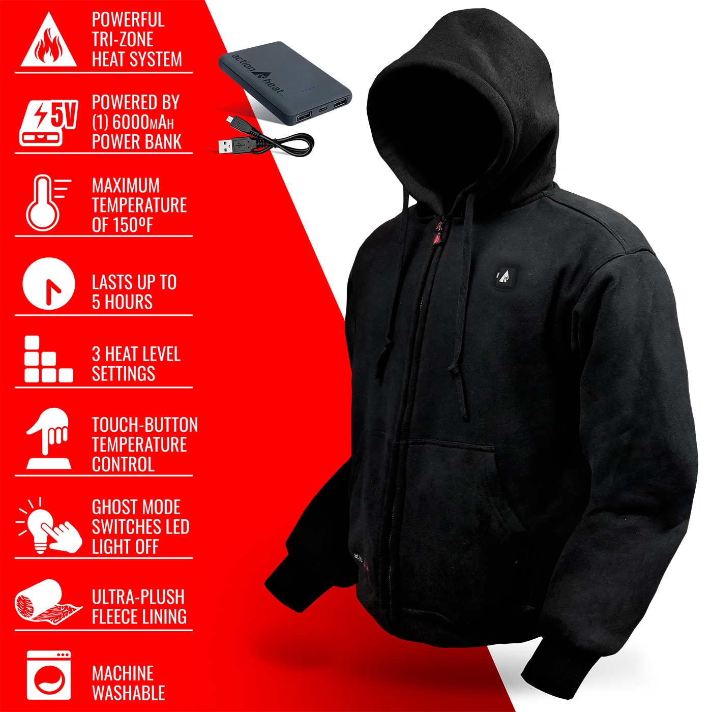 Chamarra Calentada con Capucha de Peso Mediano para Adulto Unisex en Negro Talla Mediana (3XL) AH-HDY-5V-B-3XL