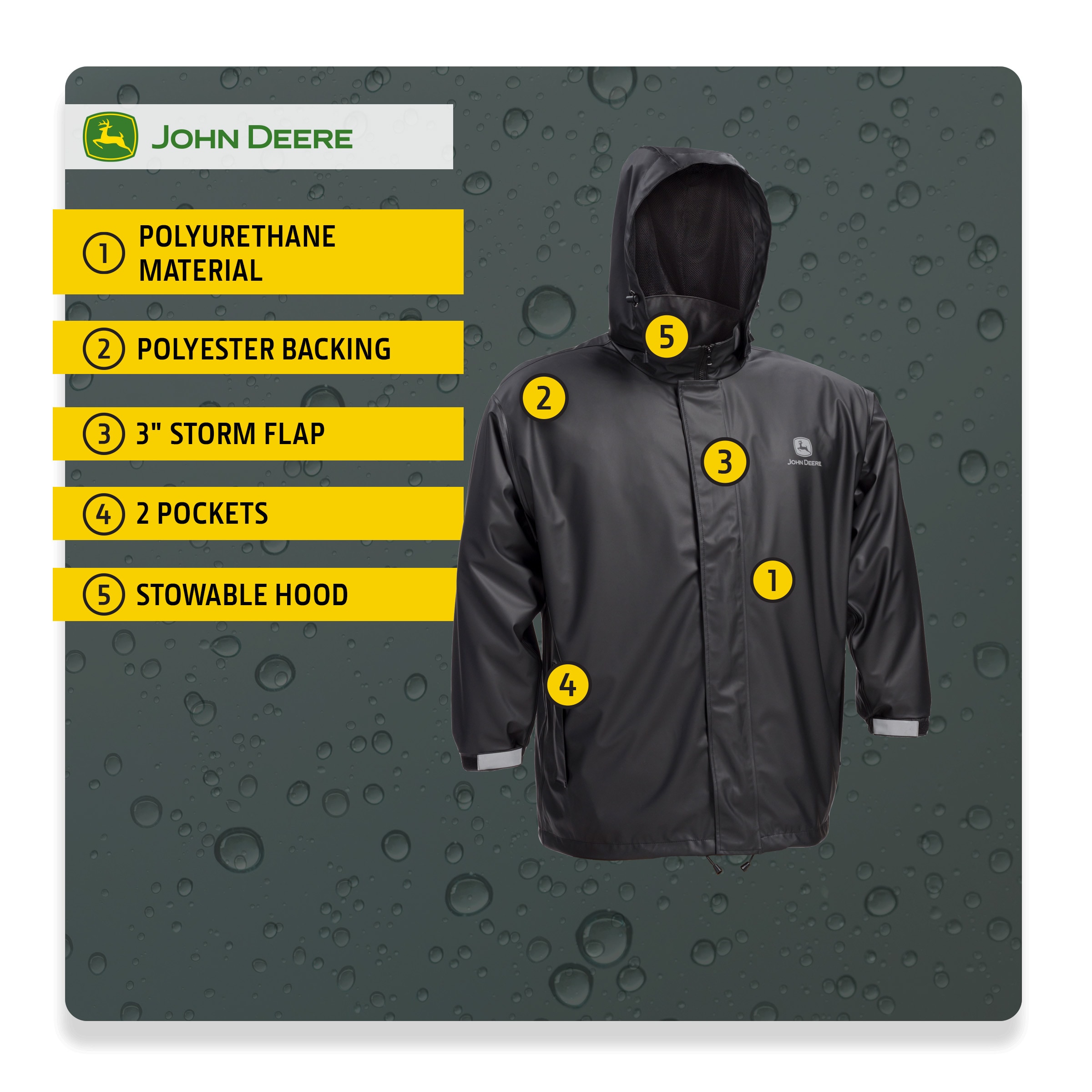 Chamarra de lluvia con capucha ligera en negro unisex para adultos John Deere (2XL) JD44540J/2XL