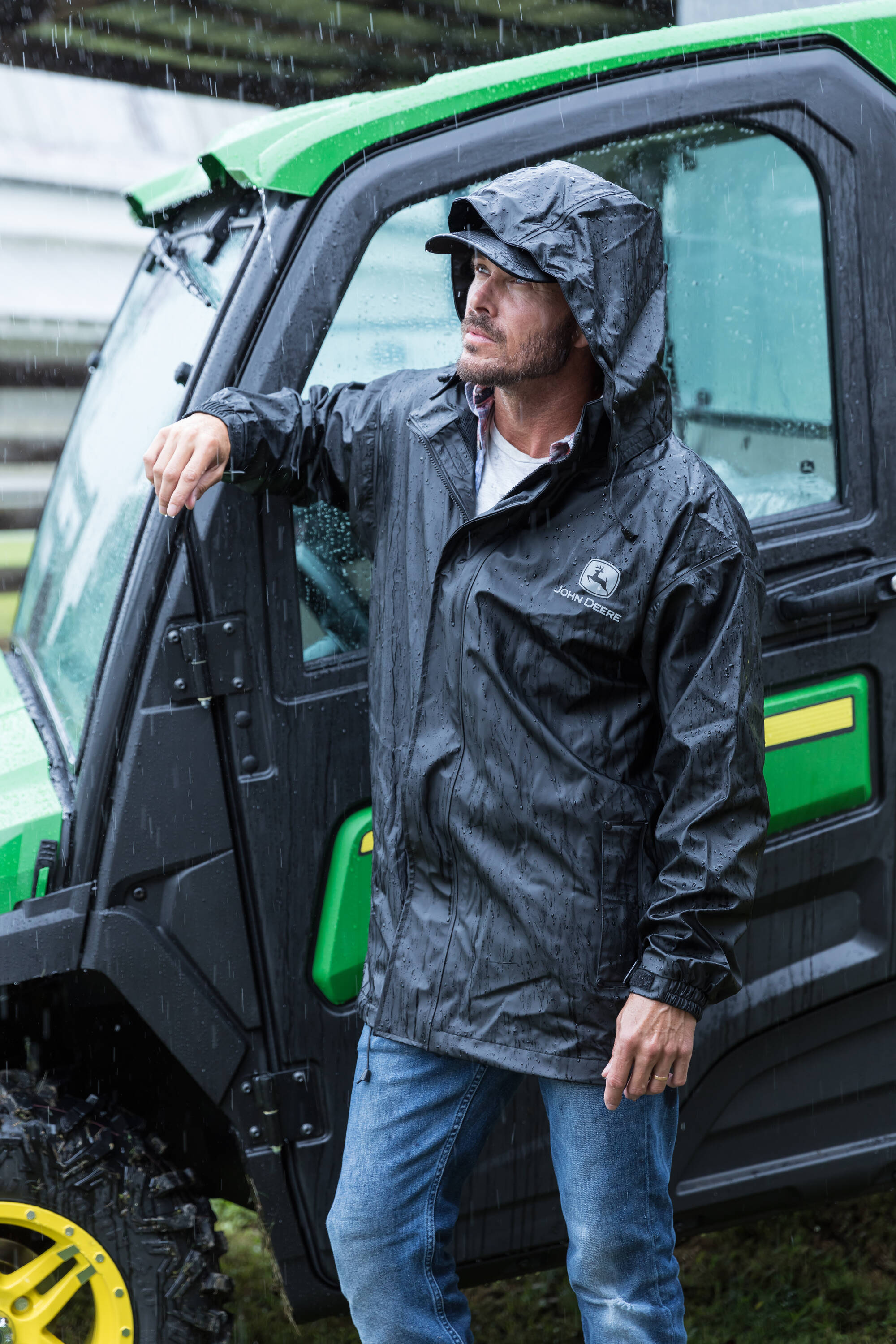 Chamarra de lluvia con capucha ligera y negra para adultos unisex de John Deere (Grande) JD44540J/L