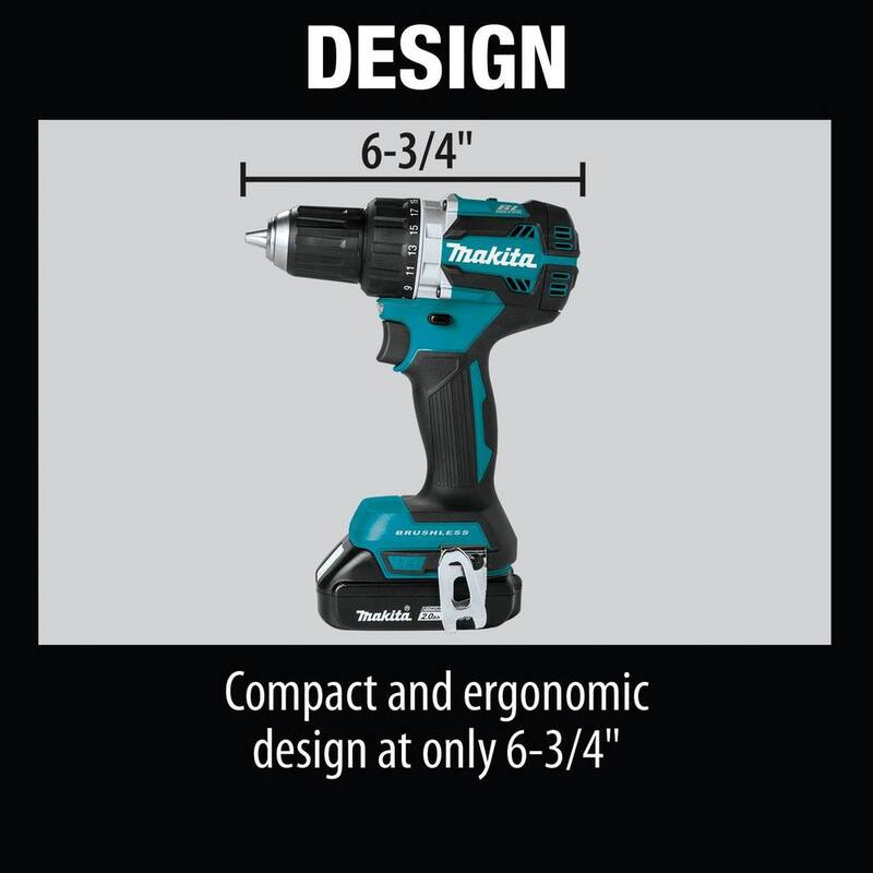 Juego de Taladro-Atornillador Inalámbrico Makita 18V LXT de 1/2 pulgada sin escobillas y compacto de iones de litio con kit de (2) baterías (2.0Ah), cargador y bolsa - XFD12R.