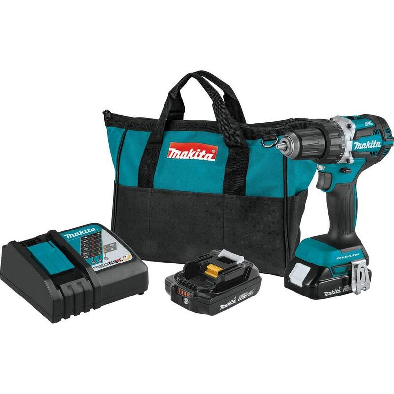 Juego de Taladro-Atornillador Inalámbrico Makita 18V LXT de 1/2 pulgada sin escobillas y compacto de iones de litio con kit de (2) baterías (2.0Ah), cargador y bolsa - XFD12R.