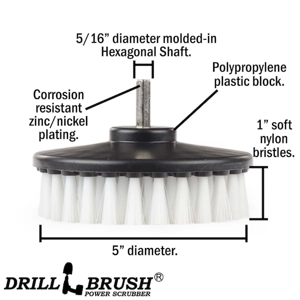 Cepillo de fregar con cerdas más suaves Drillbrush de 5 pulgadas redondo con accesorio para taladro eléctrico - CH-WHT-5INCH