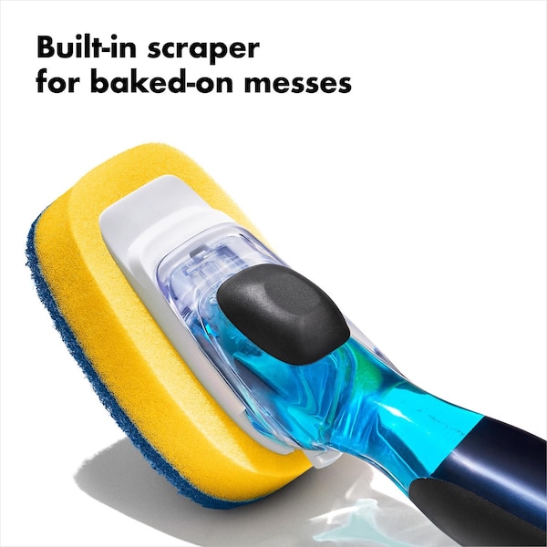 Cepillo fregador dispensador de jabón Oxo OXO Good Grips 1 in. W con cerdas suaves/medianas y mango de plástico/hule - 12361600