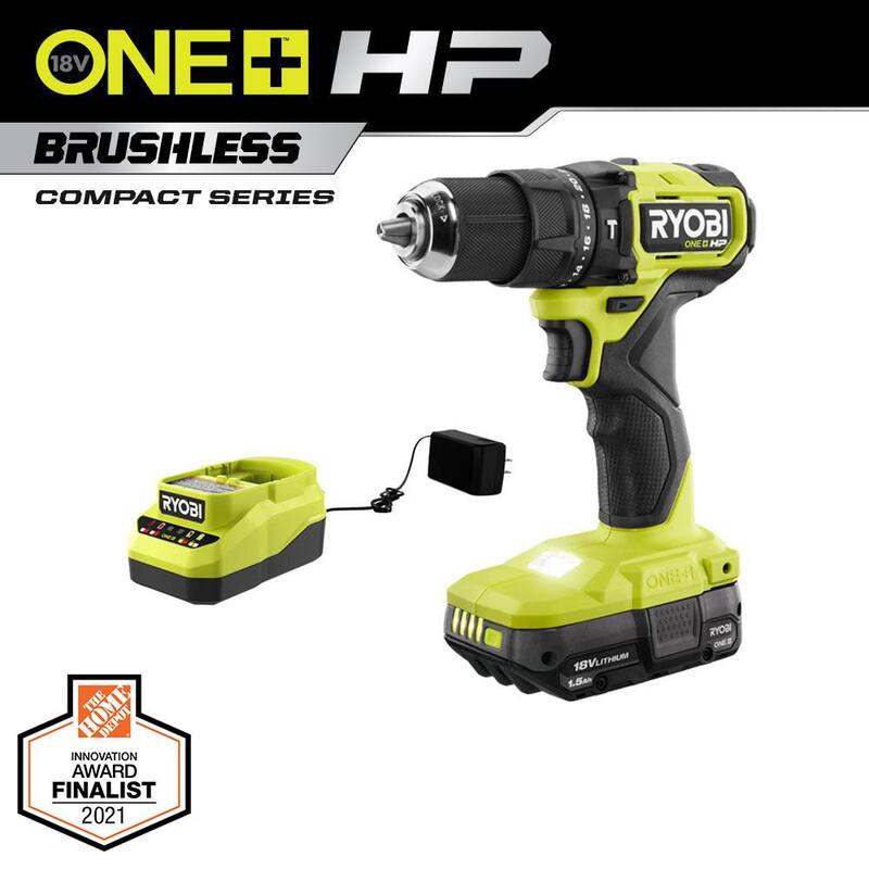 RYOBI ONE+ HP 18V Taladro percutor inalámbrico compacto sin escobillas de 1/2 pulgadas Kit con (1) batería de 1.5 Ah y cargador - PSBHM01K