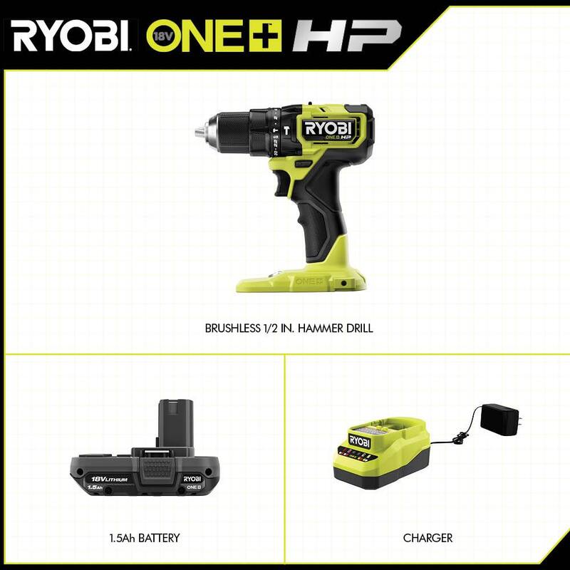 RYOBI ONE+ HP 18V Taladro percutor inalámbrico compacto sin escobillas de 1/2 pulgadas Kit con (1) batería de 1.5 Ah y cargador - PSBHM01K
