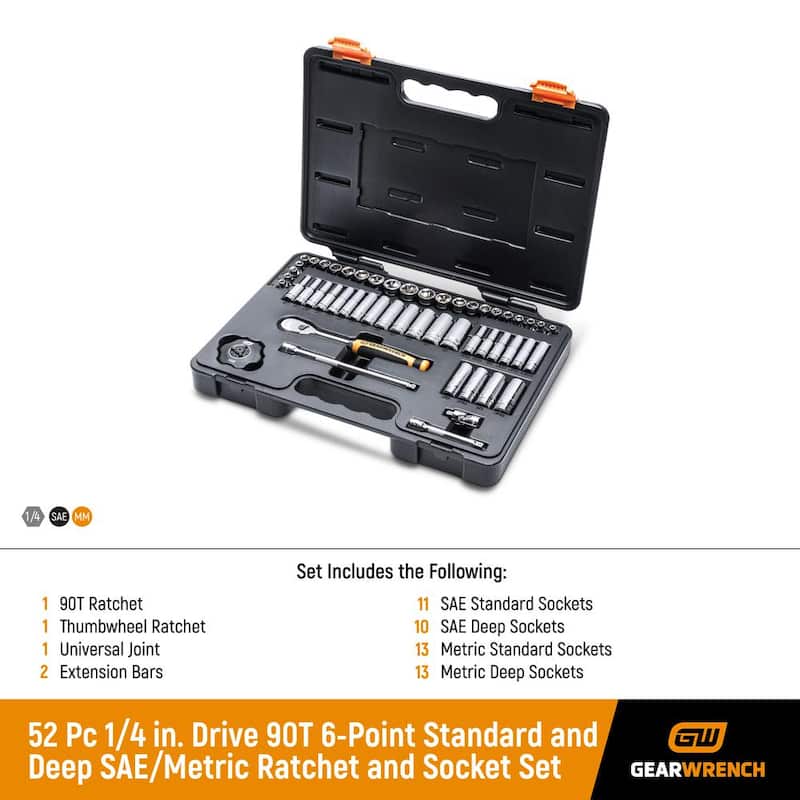 Set de herramientas para mecánicos GEARWRENCH de 52 piezas, estándar y profundo de 1/4 de pulgada con 90 dientes y 6 puntos SAE/Métrico - 85867