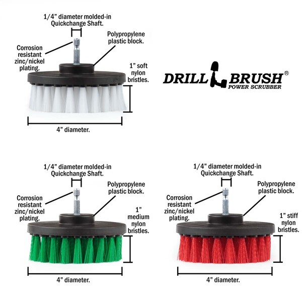 Suministros de limpieza Drillbrush - Cepillos de potencia suave, mediana y rígida - 4IN-LIM-SHORT-WH-GRN-RD