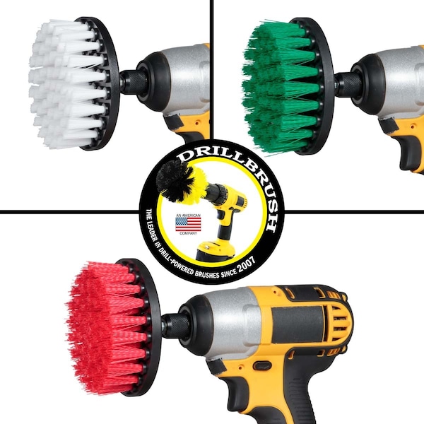 Suministros de limpieza Drillbrush - Cepillos de potencia suave, mediana y rígida - 4IN-LIM-SHORT-WH-GRN-RD