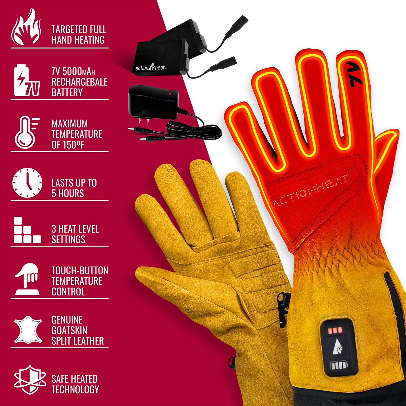 Guantes de cuero amarillo grande para clima frío de ActionHeat