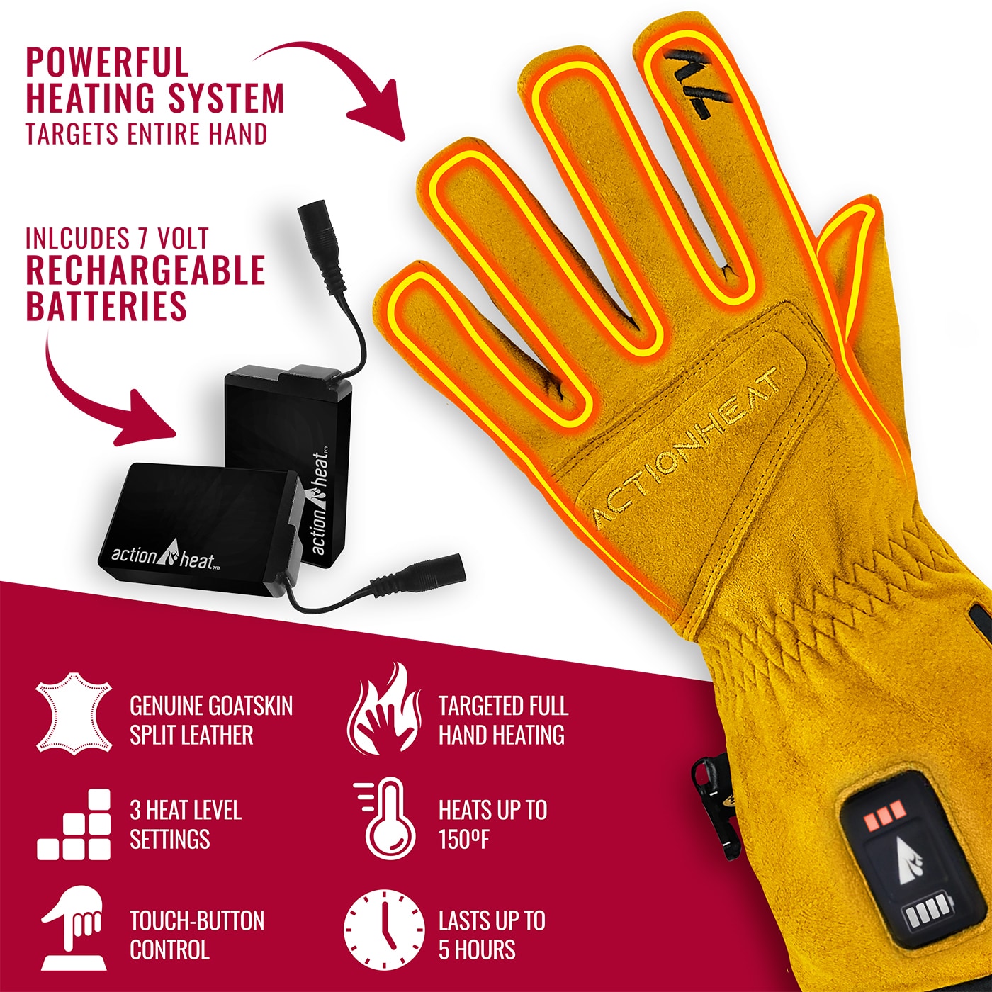 Guantes de cuero amarillo grande para clima frío de ActionHeat