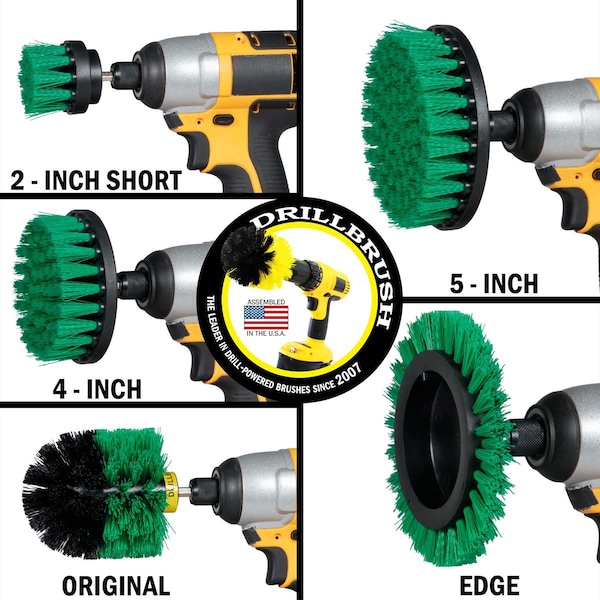 Cepillo de taladro Power Scrubber de Useful Products 5 in W 7 in L, color verde - G-S-E542O-QC-DB