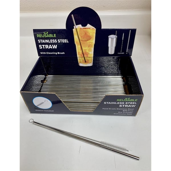 Pajillas de acero inoxidable de 9 pulgadas con cepillo de limpieza de Hitt Brands; color plata - Caja de 50 - 6000917