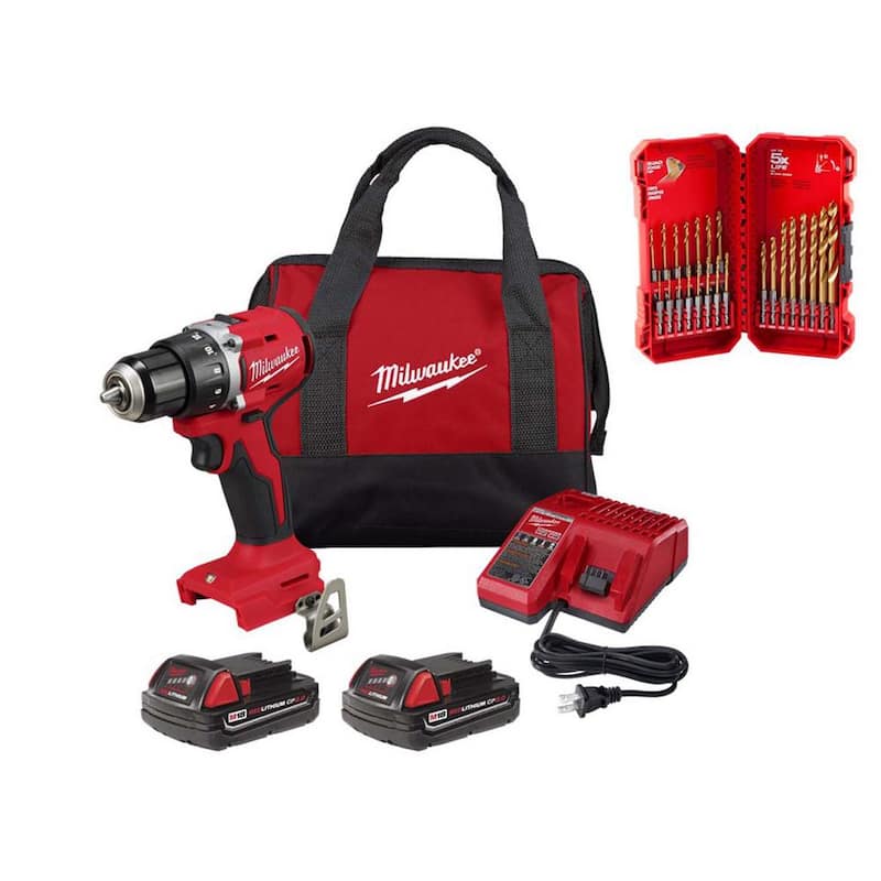 Juego de Taladro/Atornillador Compacto Inalámbrico sin Escobillas de Iones de Litio de 18 Voltios Milwaukee M18 de 1/2 pulgadas con Set de Brocas de Titanio (23 Piezas) - 3601-22CT-48-89-4631.