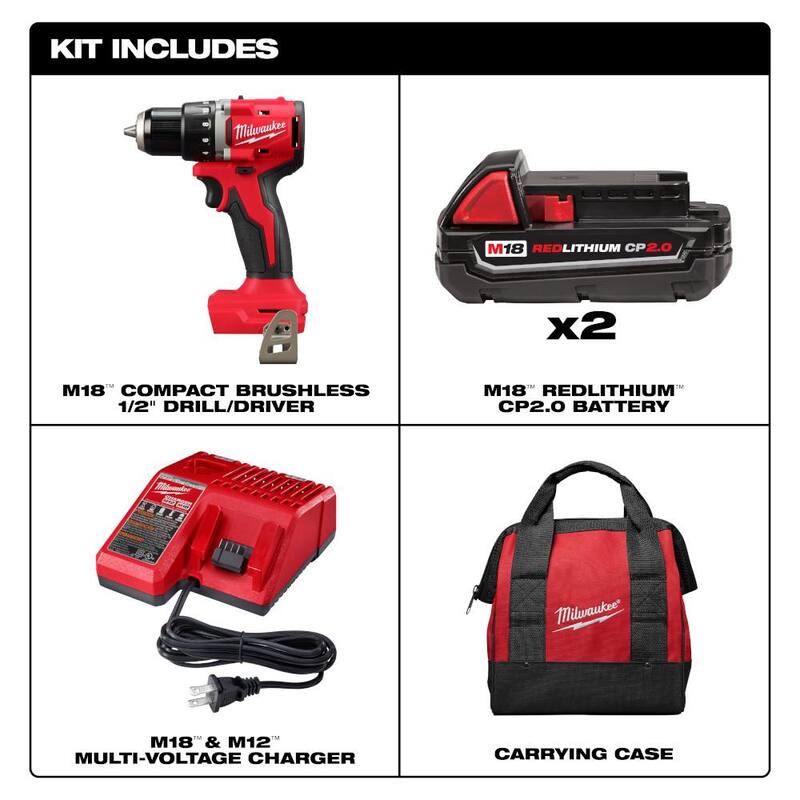 Juego de Taladro/Atornillador Compacto Inalámbrico sin Escobillas de Iones de Litio de 18 Voltios Milwaukee M18 de 1/2 pulgadas con Set de Brocas de Titanio (23 Piezas) - 3601-22CT-48-89-4631.