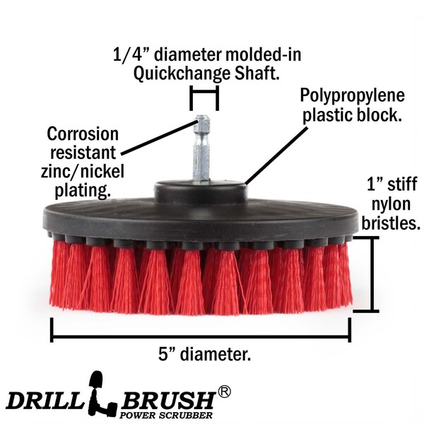 Cepillo Eléctrico para Taladro Power Scrubber de Useful Products 5 pulgadas de ancho 5 pulgadas de largo, Rojo - 5IN-LIM-RED-SHORT-QC