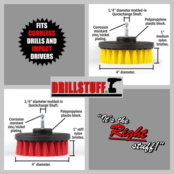 Cepillo para taladro de cambio rápido de 4 pulgadas, Medium & Stiff drillbrush-Power Scrubbing, PK 2 - 4IN-S-RY-QC-DS
