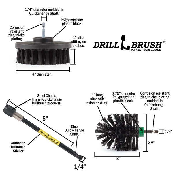 Cepillo de Taladro Power Scrubber de Useful Products 5 pulgadas de ancho 7 pulgadas de largo, color negro - K-S-4M-5X-QC-DB