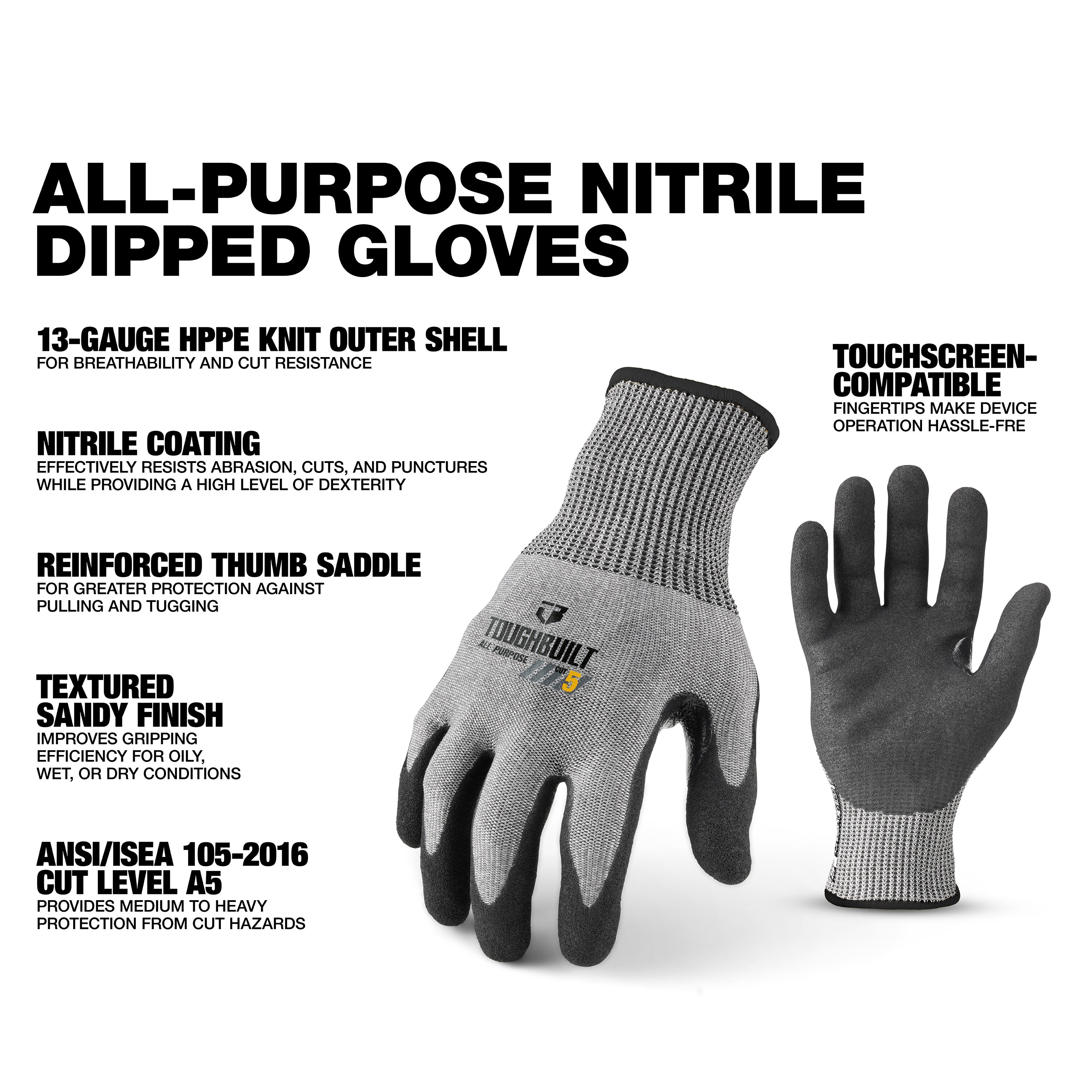 Guantes de Construcción TOUGHBUILT Grises Grandes de Nitrilo y HPPE sumergidos - 1 Par