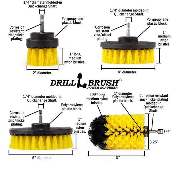 Cepillo de taladro Power Scrubber de Useful Products 5 pulgadas de ancho 7 pulgadas de largo, amarillo - Y-S-E542J-QC-DB