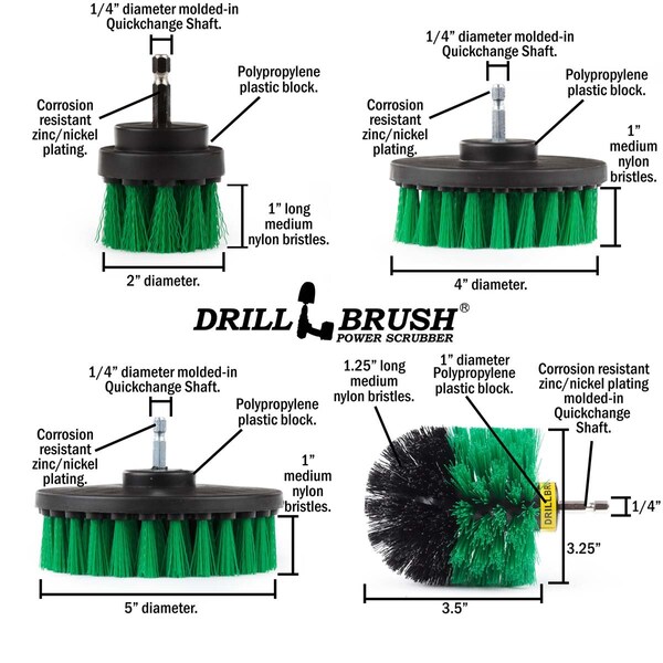 Cepillo taladro Power Scrubber de Useful Products 5 pulgadas de ancho 5 pulgadas de largo, verde - G-S-542CO-QC-DB