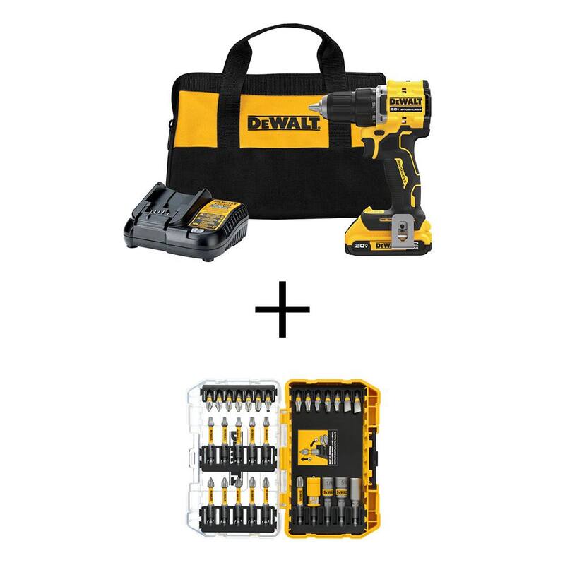 DEWALT ATOMIC Taladro/destornillador compacto inalámbrico de 20 voltios con batería de iones de litio de 1/2 pulgada, juego de 30 puntas de 30 unidades, batería de 2Ah y cargador - DCD794D1WDF30SE