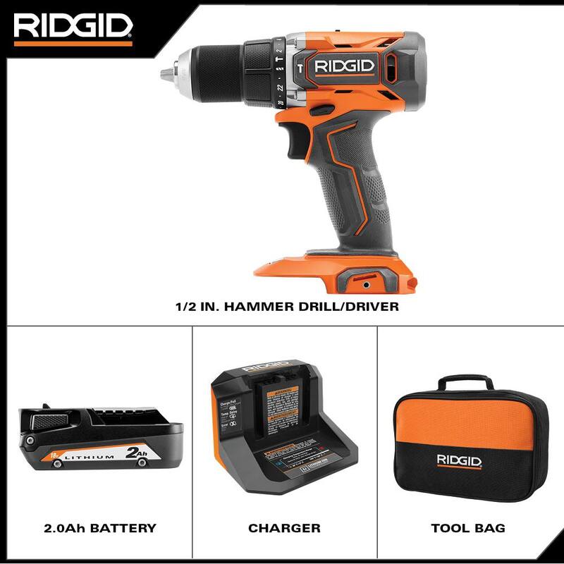 RIDGID 18V Taladro de percusión/atornillador inalámbrico de 1/2 pulg. con batería de 2.0 Ah y cargador - R860013K