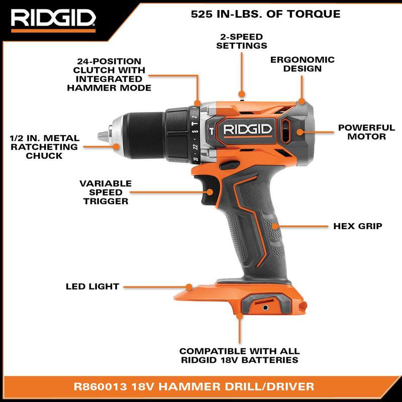 RIDGID 18V Taladro de percusión/atornillador inalámbrico de 1/2 pulg. con batería de 2.0 Ah y cargador - R860013K