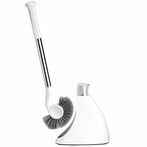 Cepillo de inodoro Simplehuman con soporte, cerdas fuertes, mango de 13 pulgadas de largo, cepillo de 1 1/2 pulgadas de largo, color gris, acero inoxidable - BT1083