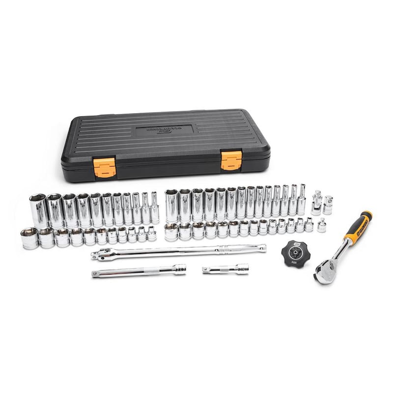 Juego de herramientas mecánicas GEARWRENCH de 3/8 pulgadas de accionamiento con 90 dientes, puntas de 6 puntos estándar y profundo en medidas SAE/Métricas (58 piezas) - 85868.