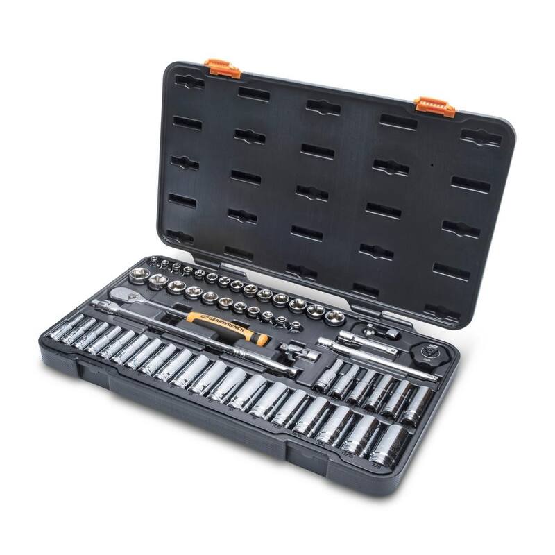 Juego de herramientas mecánicas GEARWRENCH de 3/8 pulgadas de accionamiento con 90 dientes, puntas de 6 puntos estándar y profundo en medidas SAE/Métricas (58 piezas) - 85868.