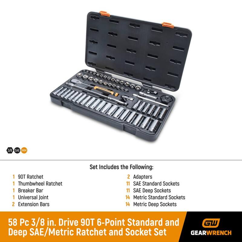 Juego de herramientas mecánicas GEARWRENCH de 3/8 pulgadas de accionamiento con 90 dientes, puntas de 6 puntos estándar y profundo en medidas SAE/Métricas (58 piezas) - 85868.