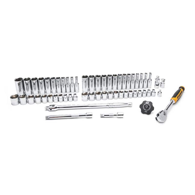 Juego de herramientas mecánicas GEARWRENCH de 3/8 pulgadas de accionamiento con 90 dientes, puntas de 6 puntos estándar y profundo en medidas SAE/Métricas (58 piezas) - 85868.