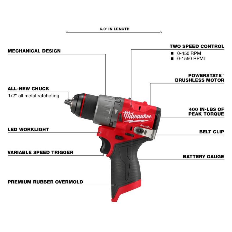 Milwaukee M12 FUEL Taladro percutor inalámbrico sin escobillas de 12 voltios de iones de litio de 1/2 pulgada con batería de alta capacidad de 5 Ah - 3404-20-48-11-2450