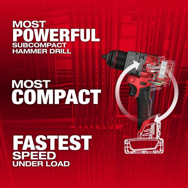 Milwaukee M12 FUEL Taladro percutor inalámbrico sin escobillas de 12 voltios de iones de litio de 1/2 pulgada con batería de alta capacidad de 5 Ah - 3404-20-48-11-2450