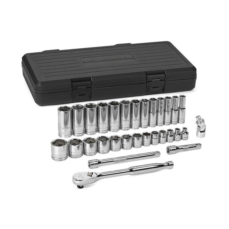 Kit de herramientas mecánicas GEARWRENCH de trinquete de 90 dientes de 3/8 pulgadas con puntas estándar y profundas de 6 puntos en SAE (30 piezas) - 80569