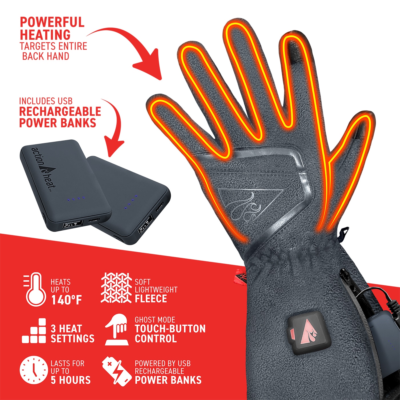 Guantes de clima frío de poliéster gris grande ActionHeat AH-FGL-5V-M-G-L