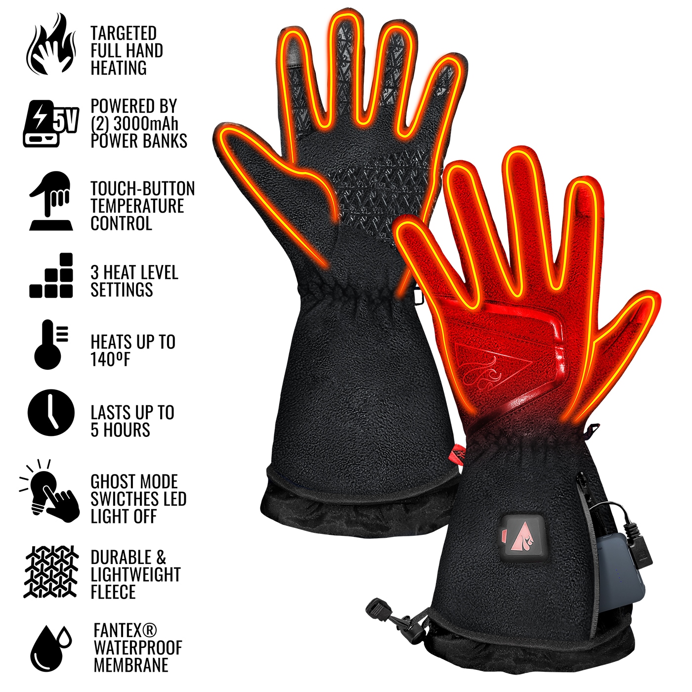 Guantes para el frío de poliéster negro grande de ActionHeat AH-FGL-5V-M-B-L