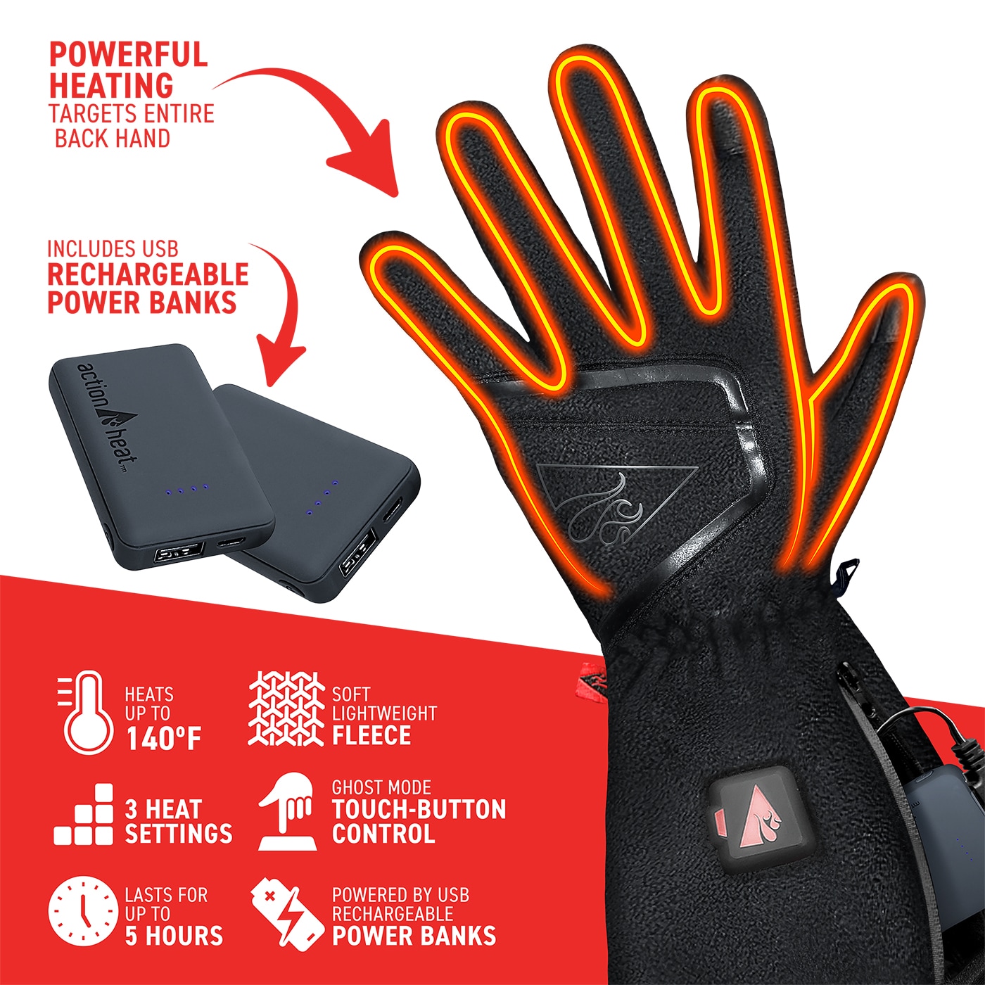 Guantes para el frío de poliéster negro grande de ActionHeat AH-FGL-5V-M-B-L