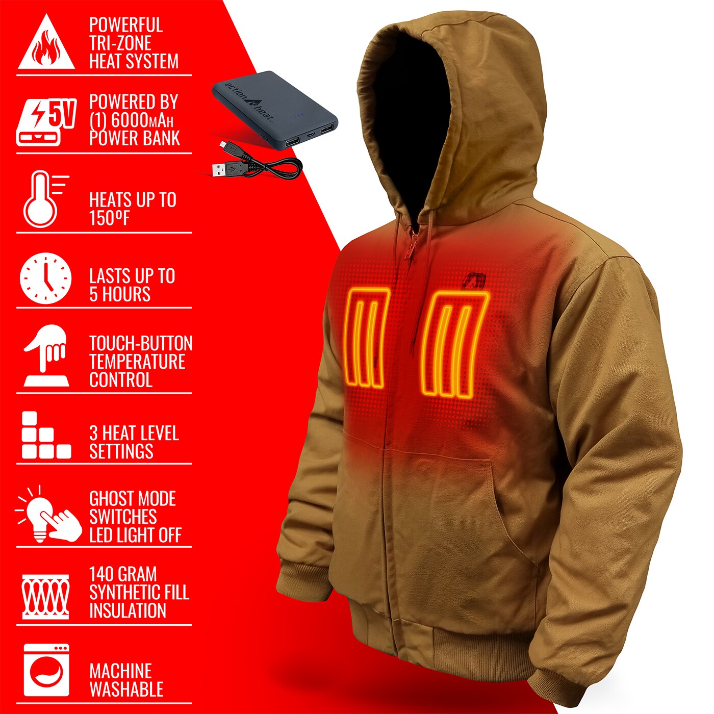 Chamarra térmica con capucha de peso pesado color caqui para adulto unisex de ActionHeat (Talla Mediana) AH-WJKT-5V-M-K-M