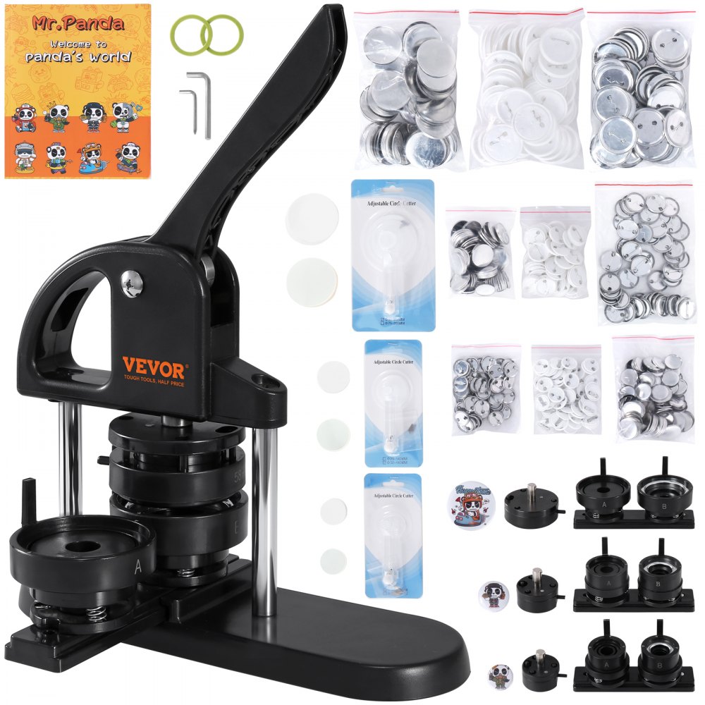 VEVOR Button Maker, 1/1.25/2.28 inch(25/32/58mm) 3-IN-1 Pin Maker, with 300pcs Button Parts, Button Maker Machine with Panda Magic Book, Ergonomic Arc Handle Punch Press Kit, For Children DIY Gifts - SL253258MM300D5JWV0