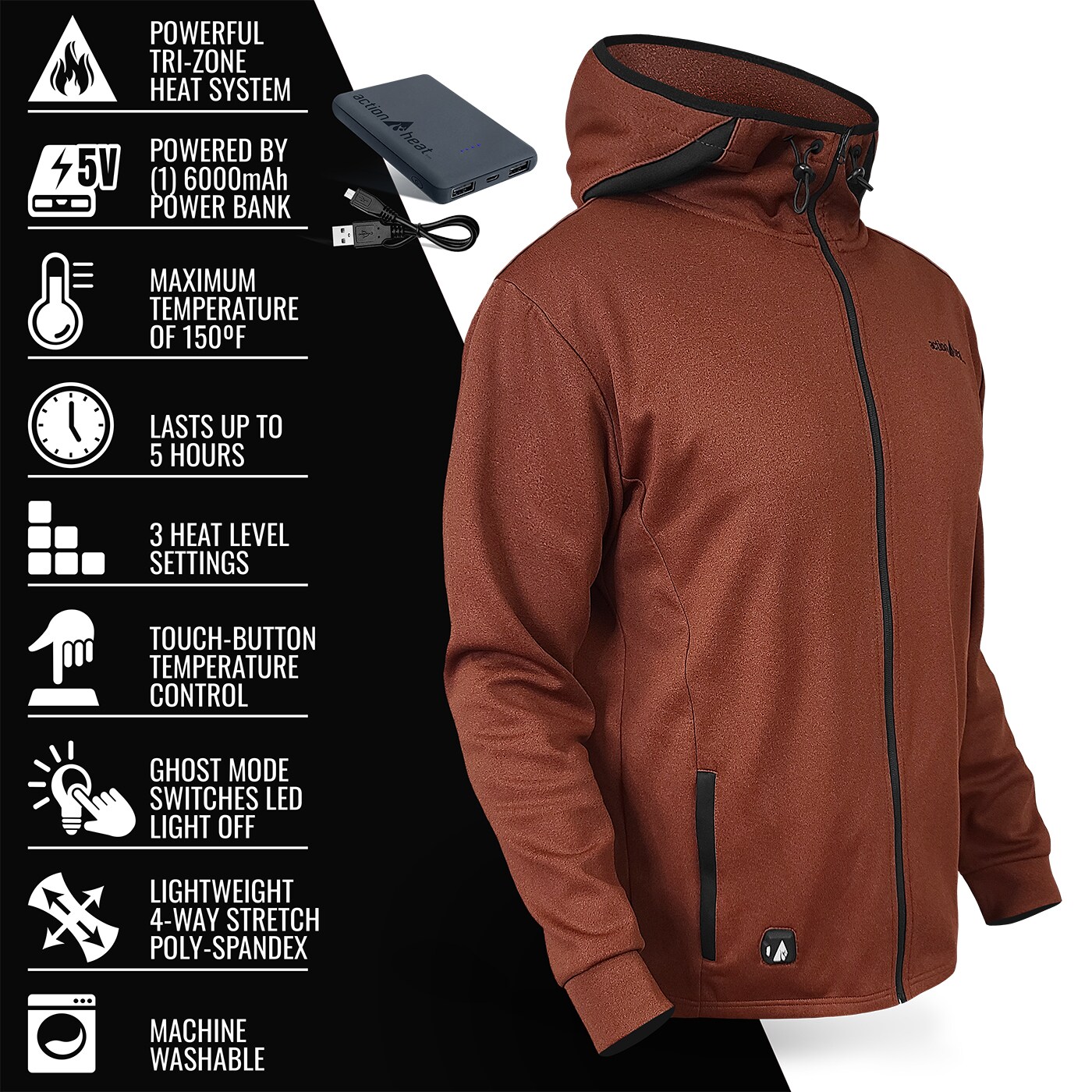 Chamarra calefactora con capucha ligera Picante para hombre de ActionHeat (2XL) con batería incluida AH-SHDY-5V-M-P-XXL