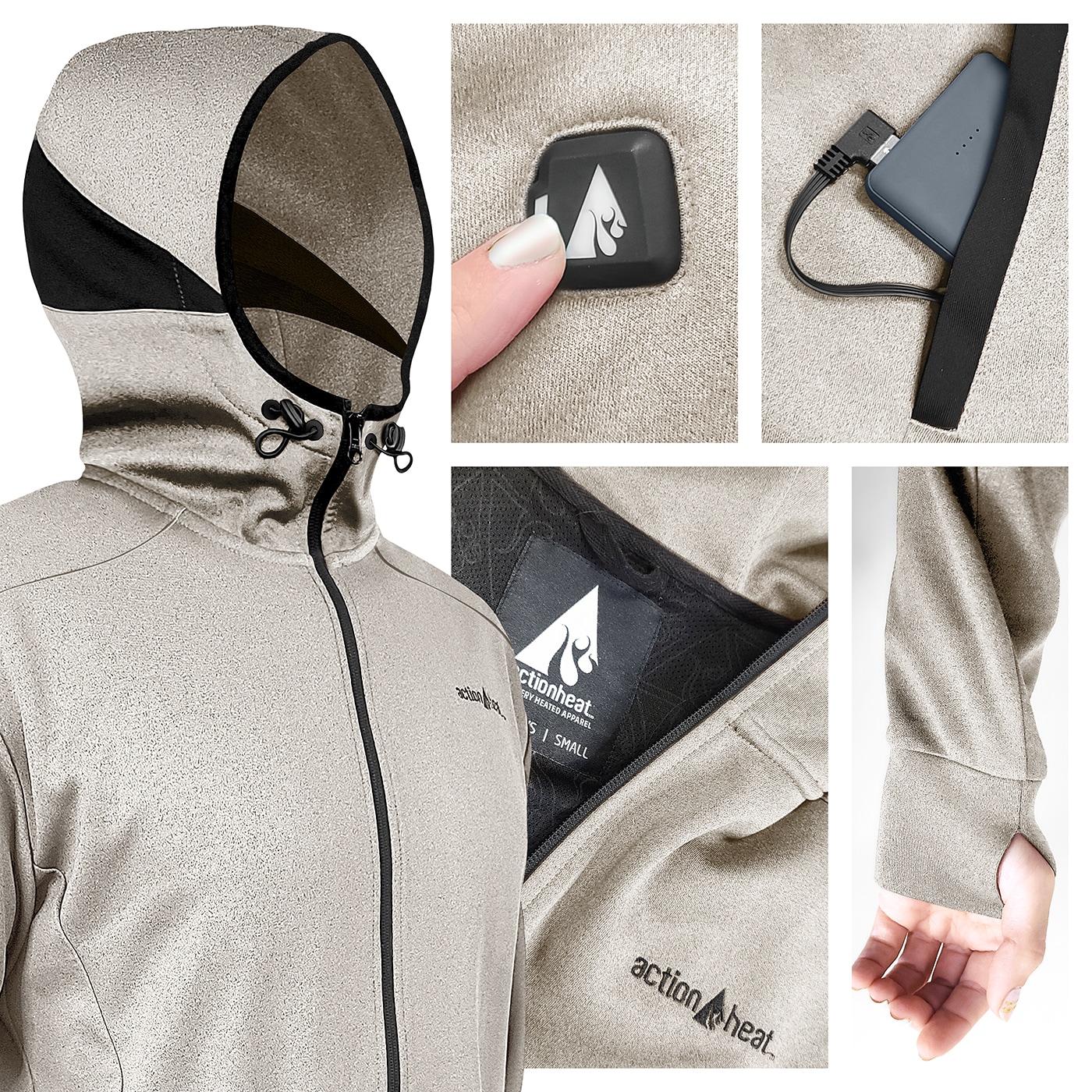 Chamarra térmica con capucha ActionHeat Men's Antarctica White de peso ligero (2XL) con batería incluida AH-SHDY-5V-M-W-XXL